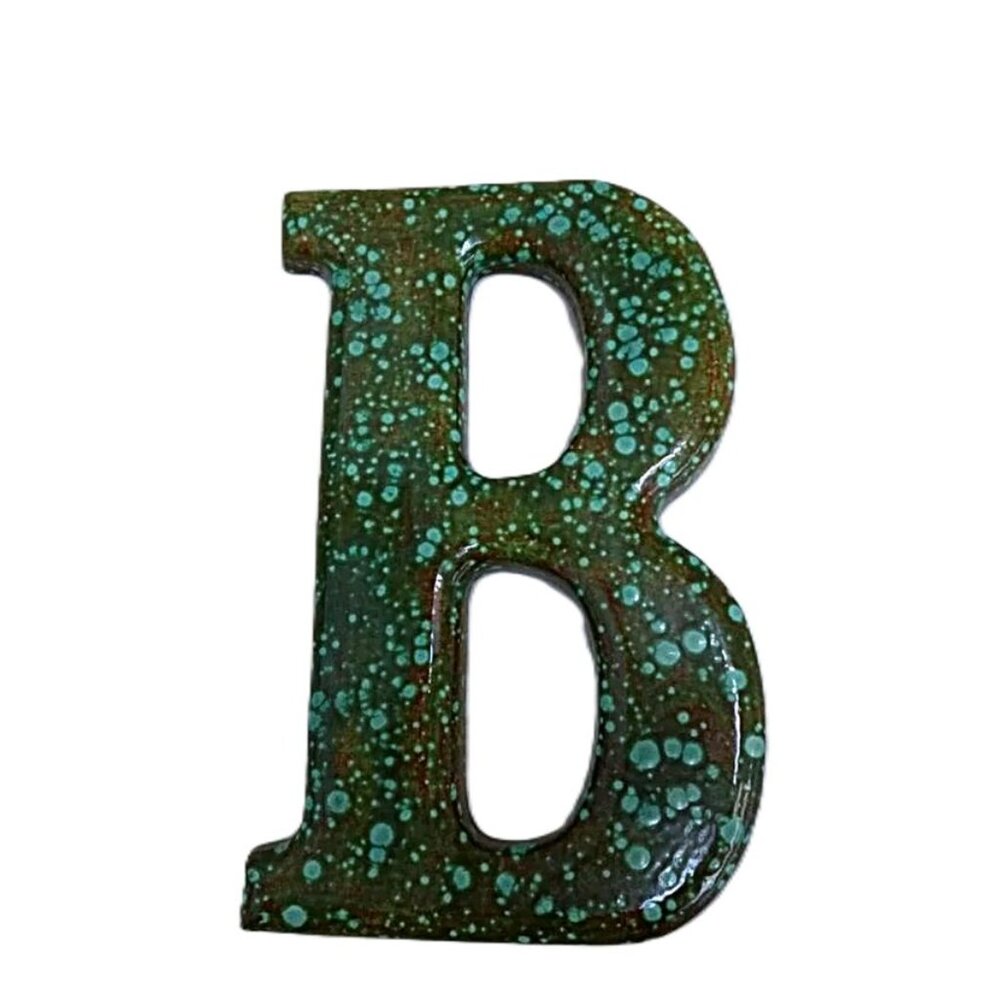 Vintage Ceramic Initial B Retro 70s Pottery Wall Decor Green Mottled Glaze